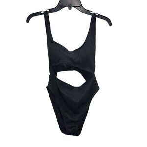BCBGeneration Women's Black‎ Ribbed Cut Out Stomach Back One Piece Swimsuit L